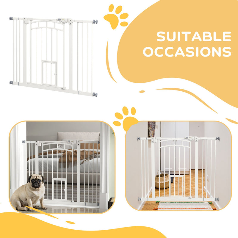 Pressure Fit Stair Dog Gate w/ Small Cat Door, Automatic Closing Door, Double Locking, for 74-100cm Openings - White