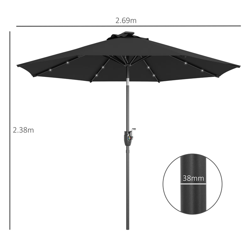 2.7m Garden Parasol Solar Outdoor Tilt Sun Umbrella Patio Sun Shade w/ 24 LED Light, Hand Crank and 8 Ribs, Black