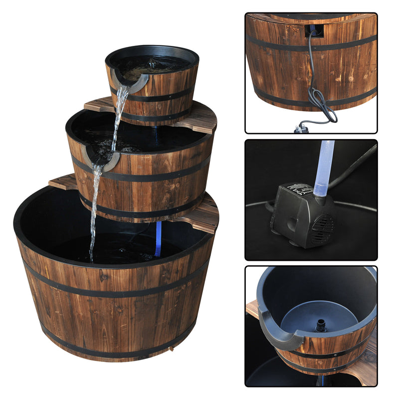 Wooden Water Pump Fountain Cascading Feature Barrel Garden Deck (3 Tier)