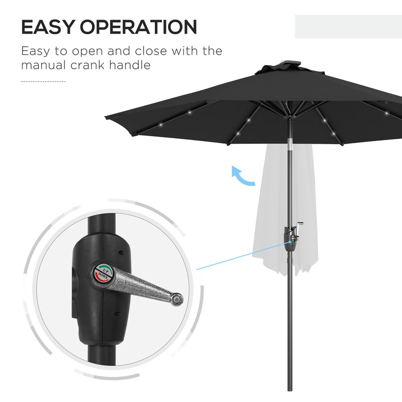 2.7m Garden Parasol Solar Outdoor Tilt Sun Umbrella Patio Sun Shade w/ 24 LED Light, Hand Crank and 8 Ribs, Black