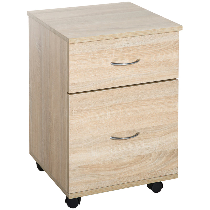File Cabinet Cupboard Storage with Two Drawers, Table Storage Box with Wheels, Cabinet Bedside Table Storage Box, Oak