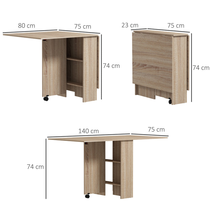 Folding Dining Table, Drop Leaf Table for Small Spaces with 2-tier Shelves, Small Kitchen Table with rolling Casters