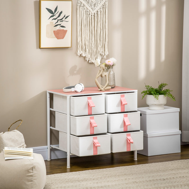 Chest of Drawers, Cloth Organizer Unit with 6 Fabric Drawers, Metal Frame and Wooden Top, Storage Cabinet for Kids Room, Living Room, Pink