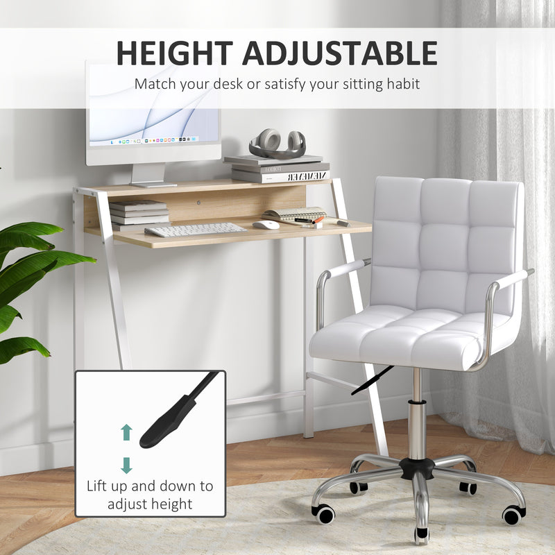 Home Office Chair and Computer Desk Set, Faux Leather Desk Chair with Swivel Wheels, Study Desk with Storage Shelf, White