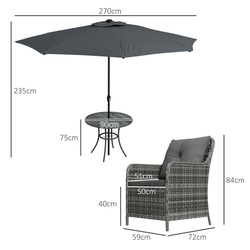 6 Pieces Garden Dining Set, 4 Seater Rattan Dining Set Outdoor with Umbrella, Cushions, Tempered Glass Top Table