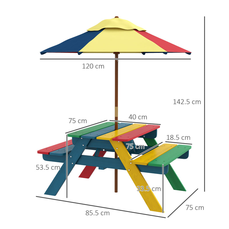 Wooden Kids Table and Chair Set with Removable Parasol, for Ages 3-6 Years - Multicoloured