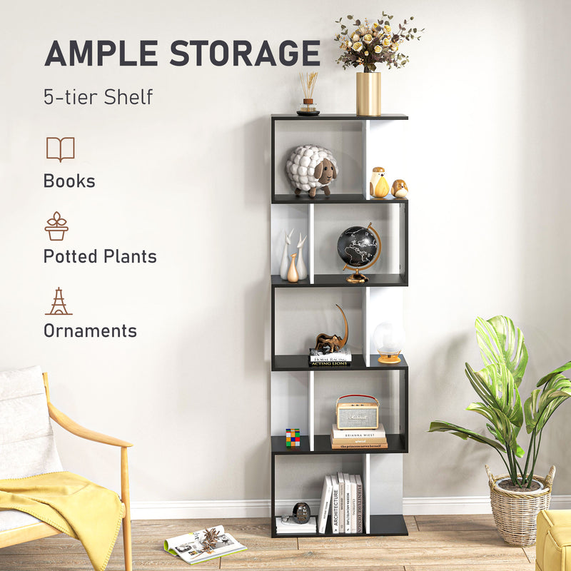 5-tier Bookcase Storage Display Shelving S Shape design Unit Divider Black