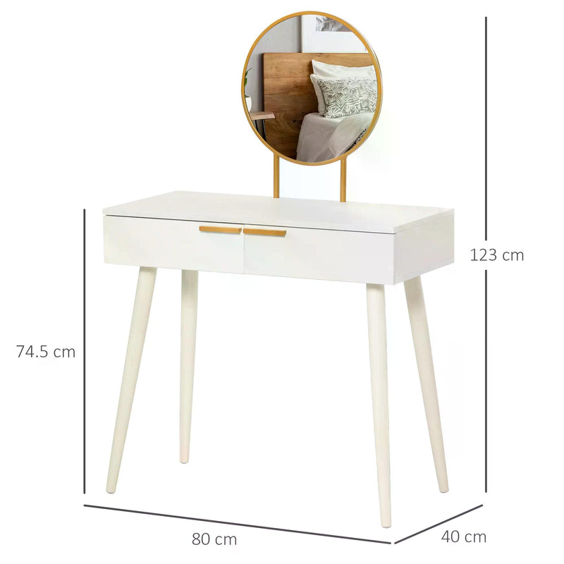 Modern Dressing Table with Round Mirror, Makeup Vanity Table with 2 Drawers for Bedroom, Living Room, White