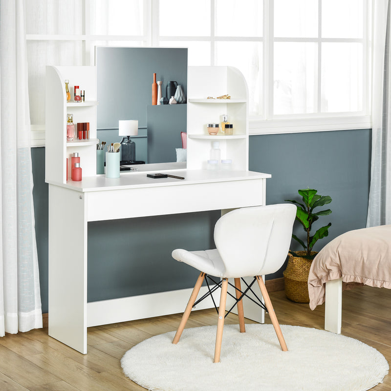 Modern Dressing Table Writing Desk W/ Mirror, Big Drawers, 2-Tier Open Shelf For Home Bedroom White