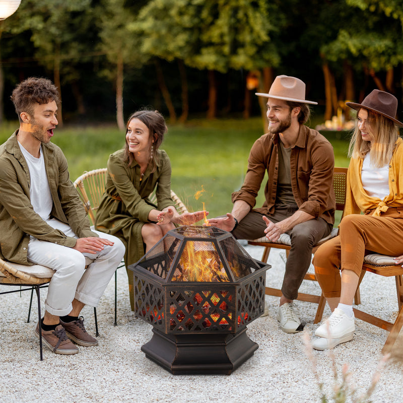 Outdoor Fire Pit with Screen Cover, Portable Wood Burning Firebowl with Poker for Patio, Backyard, Bronze