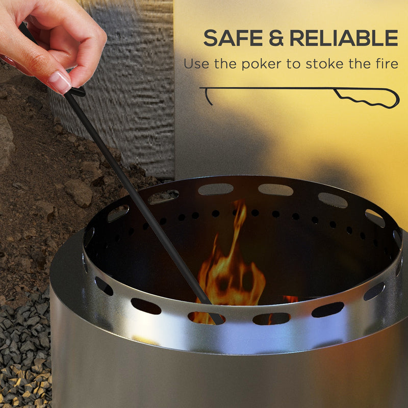 Smokeless Fire Pit, 48.5cm Portable Wood Burning Firepit with Poker for Garden Camping Bonfire Party, Stainless Steel, Silver
