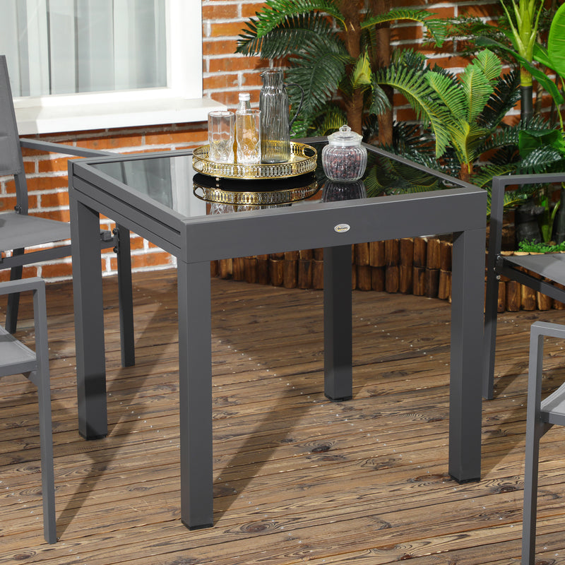 Extending Garden Table, Outdoor Dining Table with Aluminium Frame and Tempered Glass Tabletop, 80/160 x 80 x 75 cm, Black