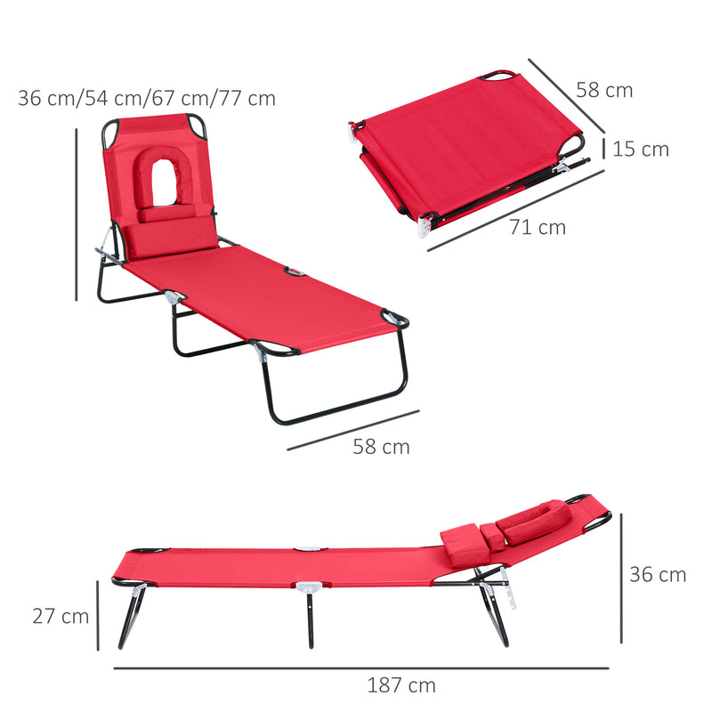 Foldable Outdoor Sun Lounger Adjustable Backrest Reclining Chair with Pillow and Reading Hole Garden Beach, Red