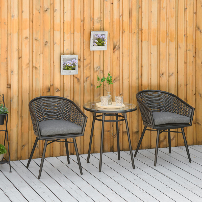 Rattan Bistro Set 2-Seater Wicker Garden Furniture Round Table for Patio and Balcony w/ Cushions, Grey