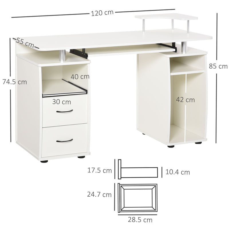 Computer Desk Office PC Table Workstation with Keyboard Tray, CPU Shelf, Drawers, Sliding Scanner Shelf, White