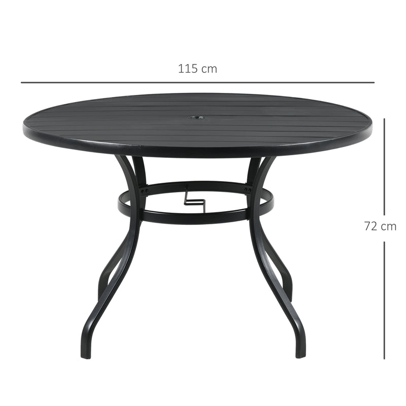 Garden Table with Parasol Hole, Outdoor Dining Garden Table for Four Persons, Round Patio Table with Slatted Metal Top, Black