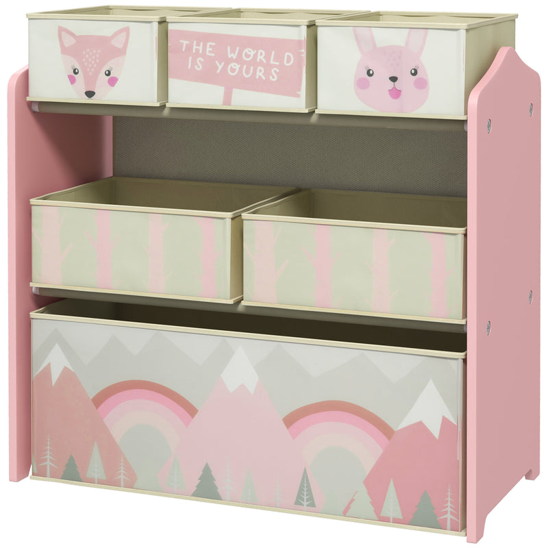 Kids Storage Units with 6 Fabric Bins, Childrens Toy Storage Organiser for Bedroom, Nursery, 63 x 30 x 66cm, Pink