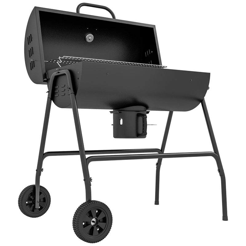 Outdoor Wheeled Barrel Charcoal Barbecue Grill Trolley, Black