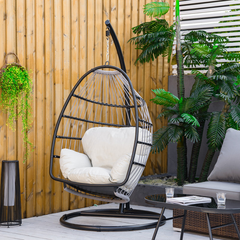 Rattan Hanging Egg Chair with Folding Design, Weave Swing Hammock with Cushion and Stand for Indoor Outdoor, Patio Garden Furniture, Black