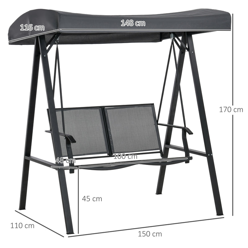2 Seater Garden Swing Seat Swing Chair Outdoor Hammock Bench w/ Adjustable Tilting Canopy, Texteline Seats and Steel Frame, Dark Grey
