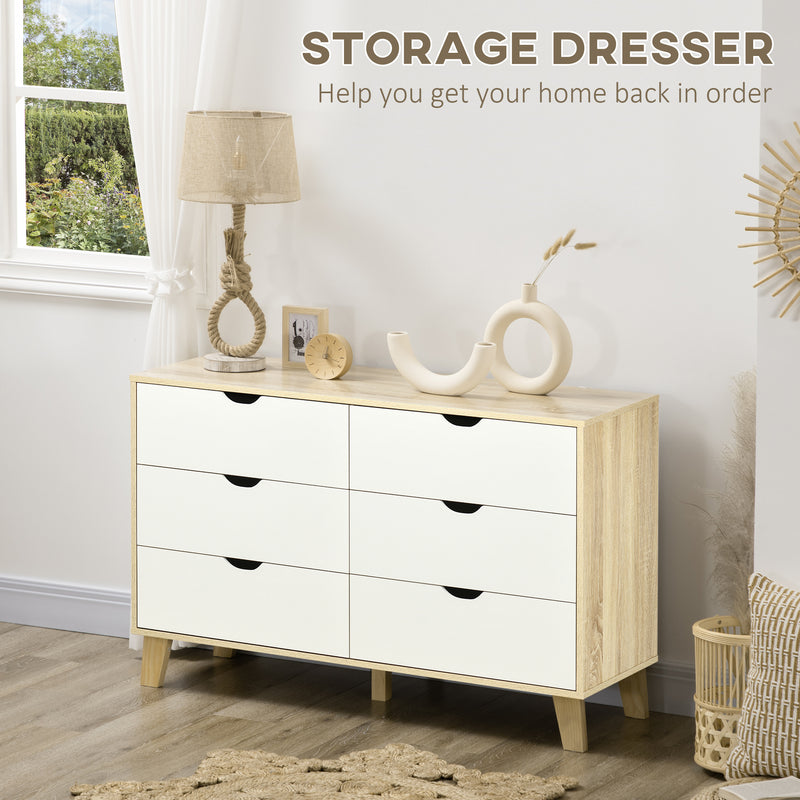 Wide Chest of Drawers, 6-Drawer Storage Organiser Unit with Wood Legs for Bedroom, Living Room, White and Light Brown