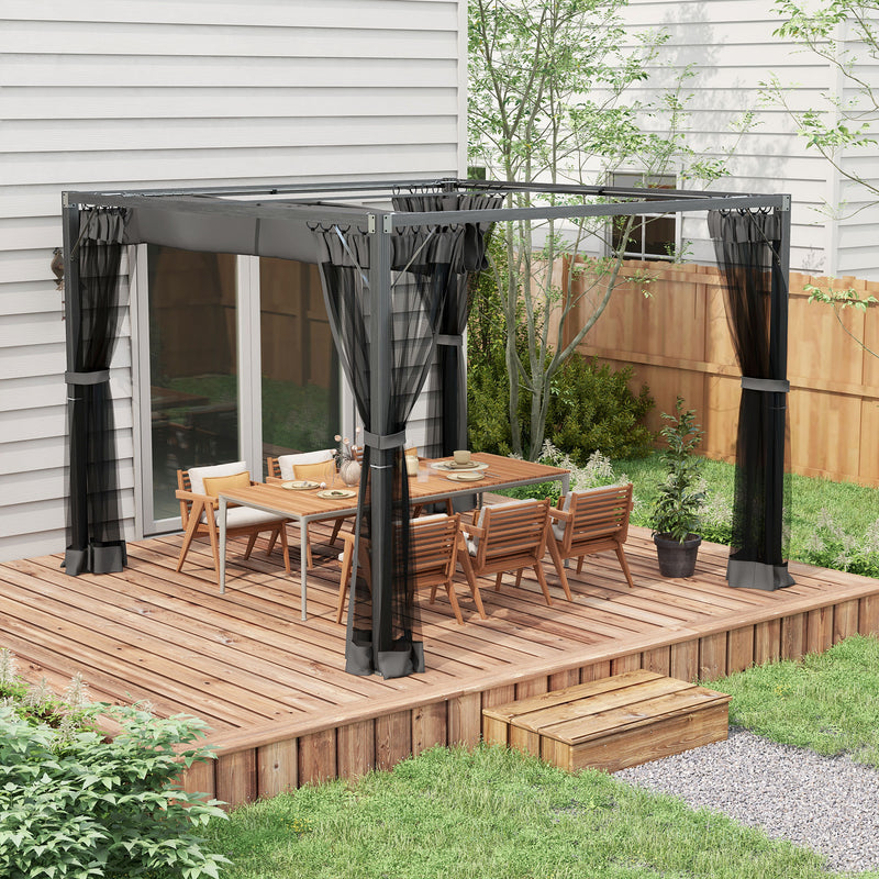 3 x 3 m Retractable Pergola, Garden Gazebo Shelter with Nettings, for Grill, Patio, Deck, Dark Grey