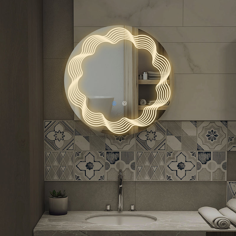 Round Illuminated Bathroom Mirrors w/ LED Dimming Lighted , Wall Mounted Vanity Mirror w/ 3 Colour, Smart Touch, Anti-Fog, 60cm