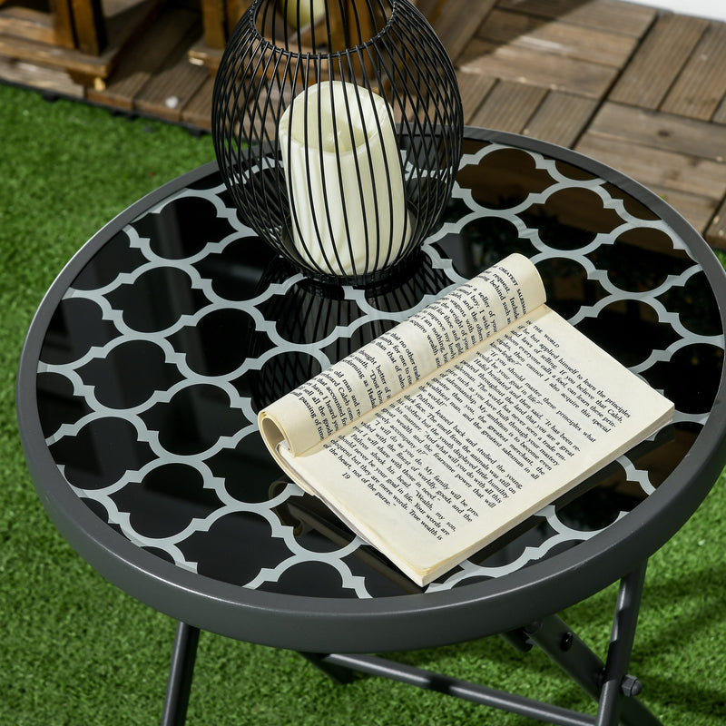 45cm Outdoor Side Table, Round Folding Patio Table with Imitation Marble Glass Top, Small Coffee Table, Black