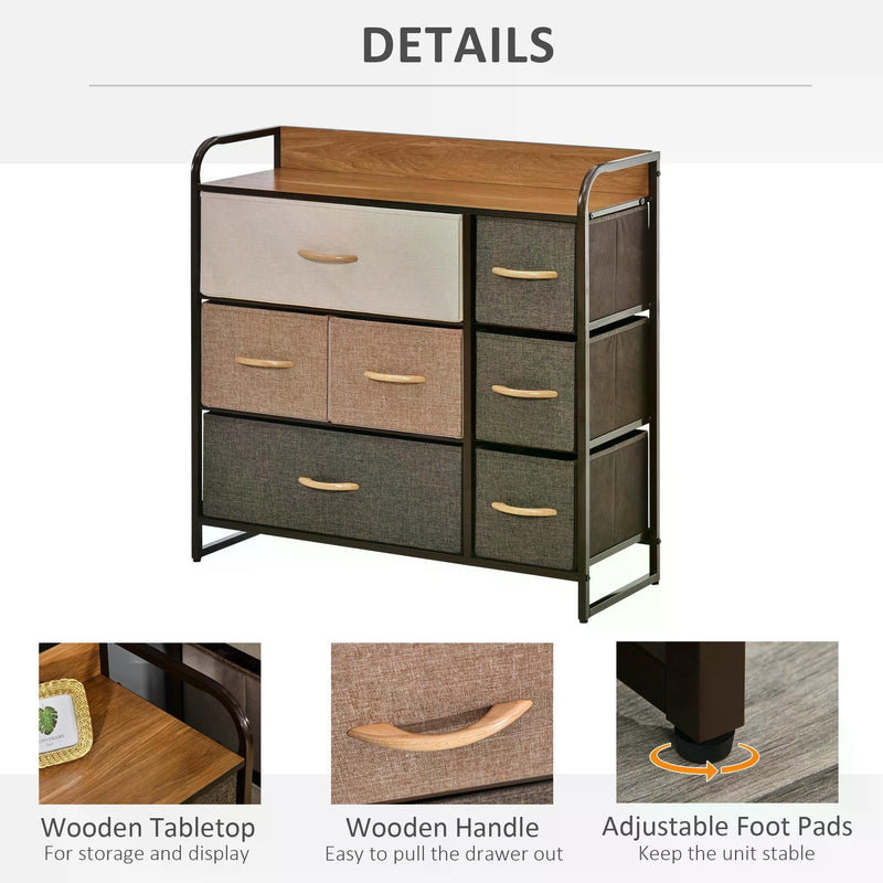 7-Drawer Dresser, Fabric Chest of Drawers, 3-Tier Storage Organizer for Bedroom Hallway Entryway, Tower Unit with Steel Frame Wooden Top