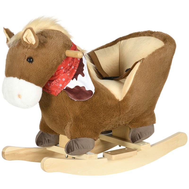 Kids Rocking Horse, Plush Baby Rocking Chair with Safety Harness, Realistic Sound, Foot Pedals, for Toddler Aged 18-36 Months, Brown