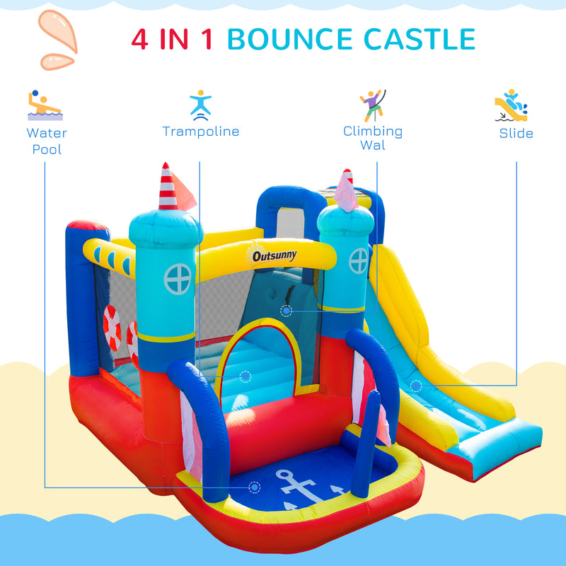 4 in 1 Kids Bounce Castle Large Sailboat Style Inflatable House Slide Trampoline Water Pool Climbing Wall for Kids Age 3-8, 2.65 x 2.6 x 2m
