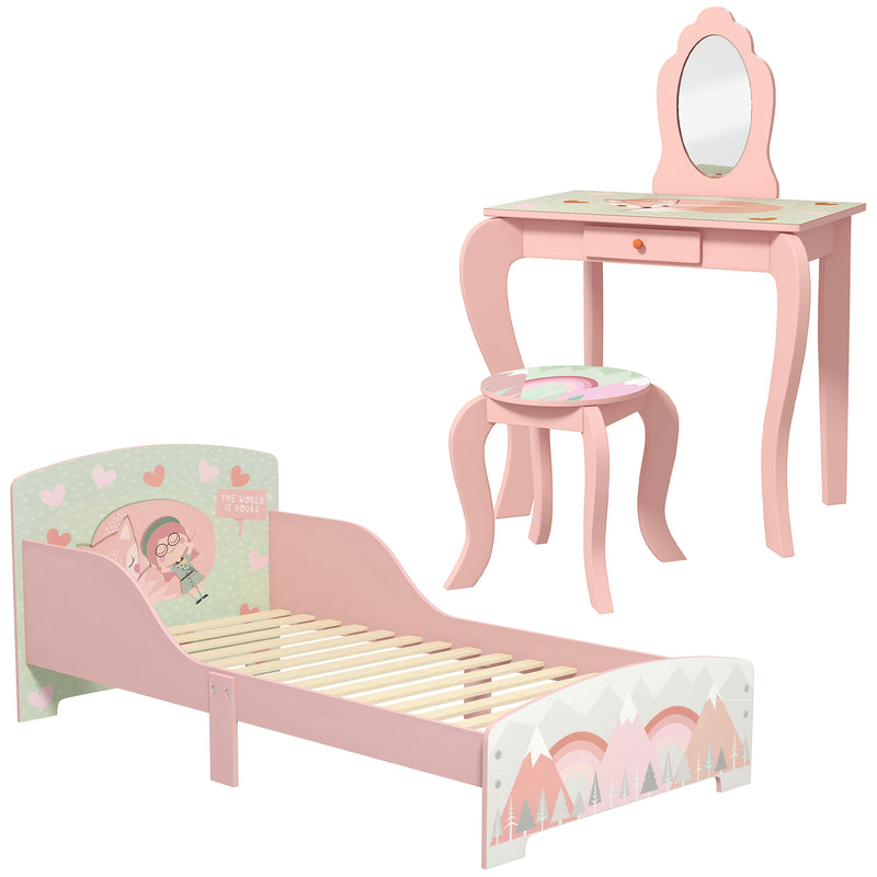 Toddler Bed Frame, Kids Dressing Table with Mirror and Stool, Cute Animal Design Kids Bedroom Furniture Set for Ages 3-6 Years, Pink