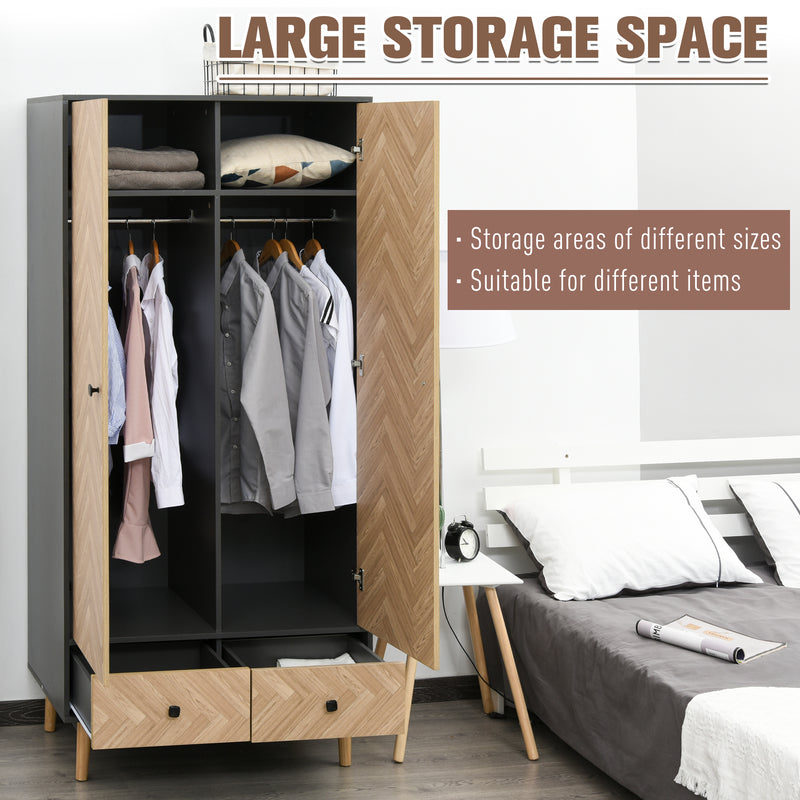 Modern Wardrobe Cabinet Wood Grain Sticker Surface with Shelf, Hanging Rod and 2 Drawers 90x50x190cm