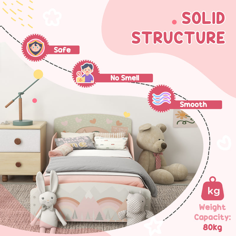 Toddler Bed Frame, Kids Dressing Table with Mirror and Stool, Cute Animal Design Kids Bedroom Furniture Set for Ages 3-6 Years, Pink