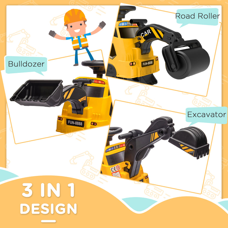 Ride on Tractor, 3 in 1 Ride on Excavator, Bulldozer, Road Roller, Pretend Play Construction No Power Truck w/ Music, for 18-48 Months, Yellow