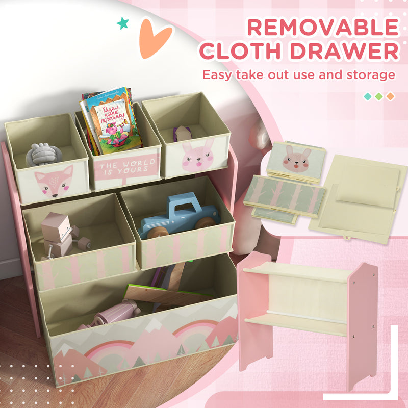 Kids Storage Units with 6 Fabric Bins, Childrens Toy Storage Organiser for Bedroom, Nursery, 63 x 30 x 66cm, Pink
