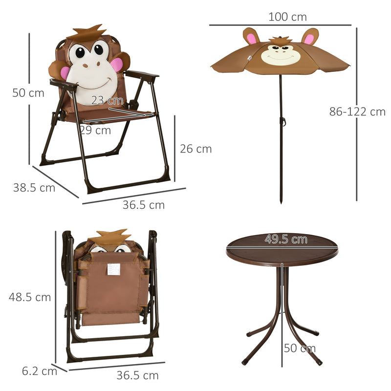 Kids Picnic & Table Chair set, Outdoor Folding Garden Furniture w/ Monkey Design, Removable, Adjustable Sun Umbrella, Ages 3-6 Years - Brown