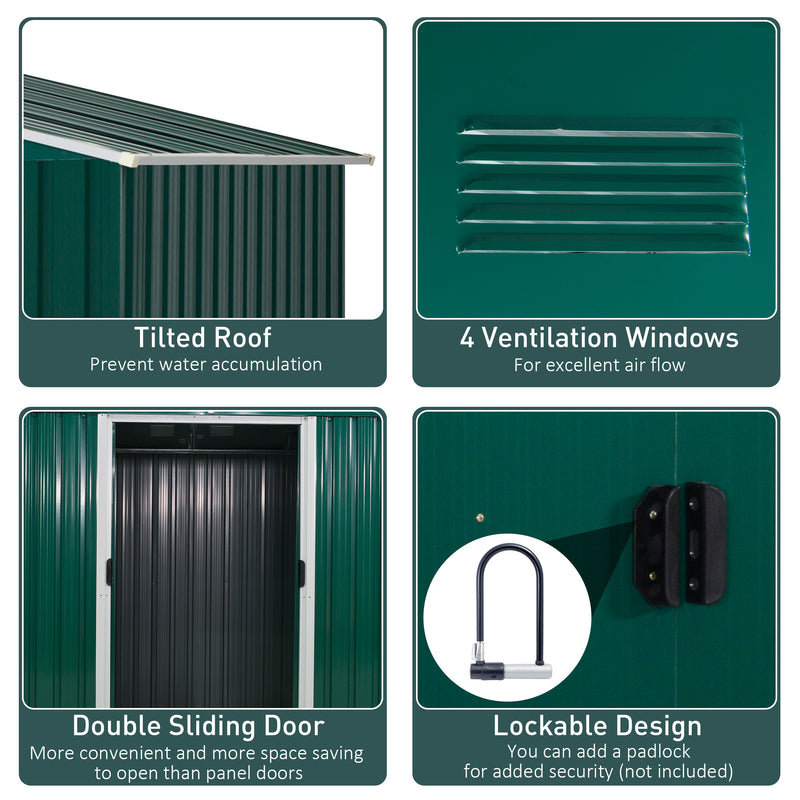 8 x 6 ft Metal Garden Storage Shed Corrugated Steel Roofed Tool Box with Ventilation and Sliding Doors, Green