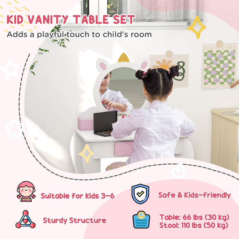 Kids Bedroom Furniture Set with Kids Dressing Table with Mirror and Stool, Toddler Bed Frame for 3-6 Years, Unicorn Design