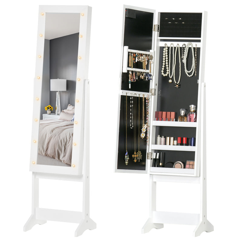 Full Body Mirrored Jewelry Cabinet W/ LED Light Jewelry Cabinet W/ 3 Angle Adjustable For Rings Earrings Bracelets Cosmetics Warm White