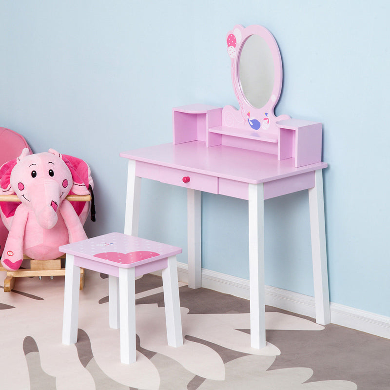 2 PCS Kids Wooden Dressing Table and Stool Girls Vanity Table Makeup Table Set with Mirror Drawers Role Play for Toddlers 3 Year+, Pink White