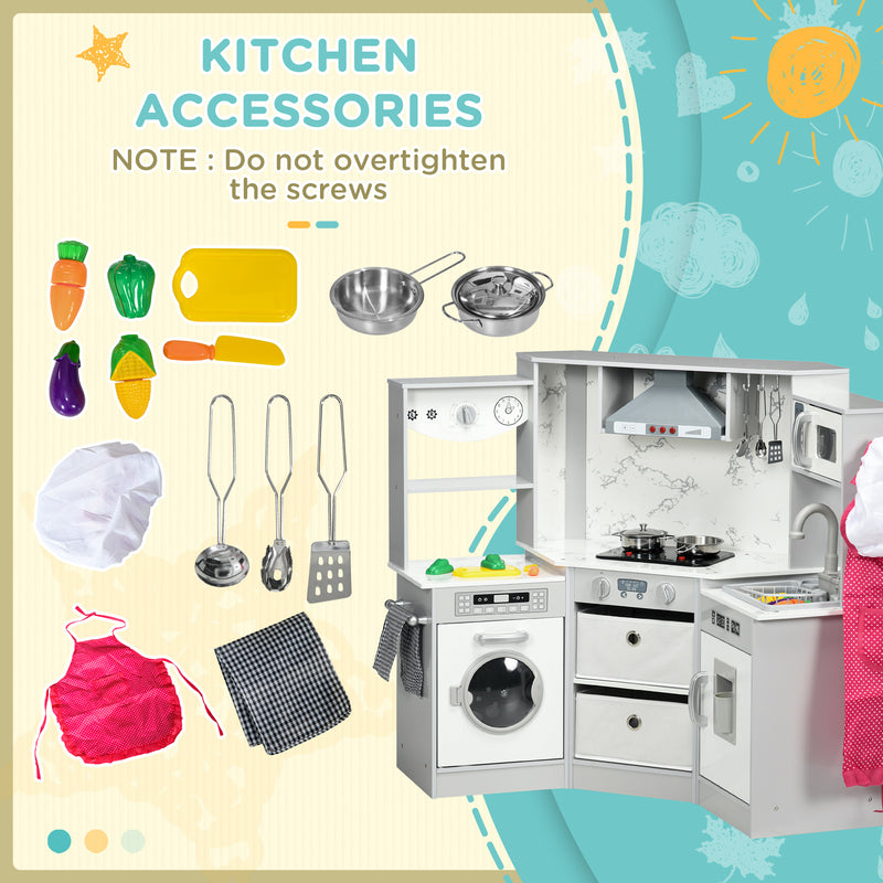 Toy Kitchen with Running Water, Lights Sounds, Apron and Chef Hat, Water Dispenser, for 3-6 Years Old - Grey