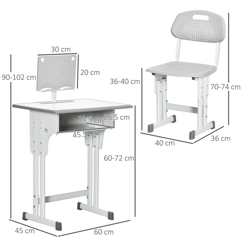 Kids Desk and Chair Set, Height Adjustable Study Table Set with Storage Drawer, Book Stand, Cup Holder, Pen Slot, Grey