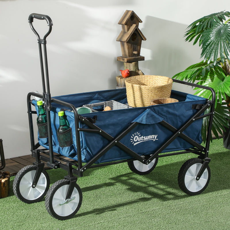 Pull Along Cart Folding Cargo Wagon Trailer Trolley for Beach Garden Use with Telescopic Handle - Blue