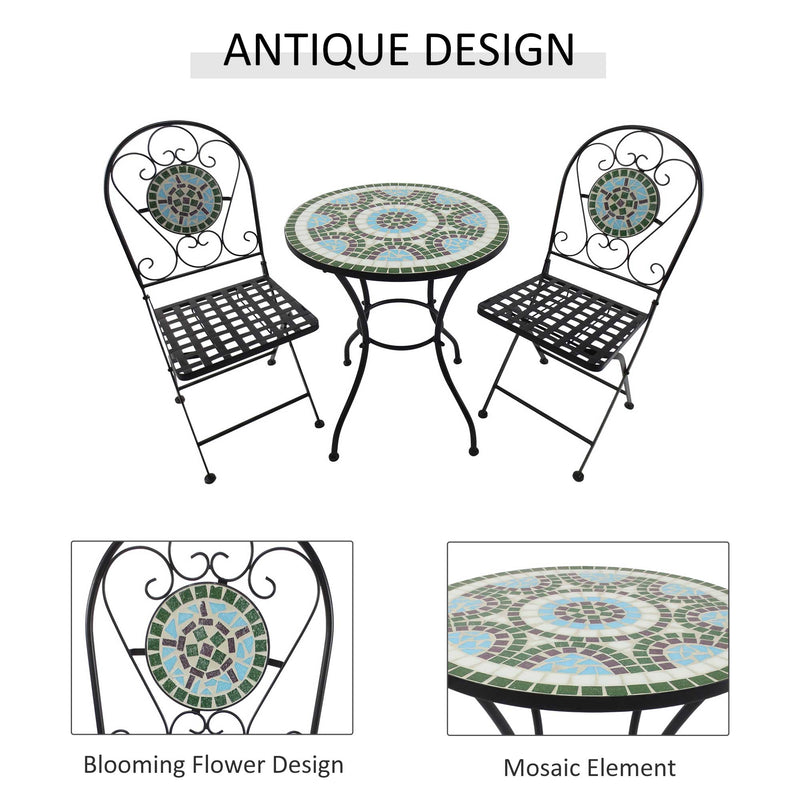 3pc Bistro Set Metal Dining Set Mosaic Garden Table 2 Seater Folding Chairs Patio Furniture Outdoor
