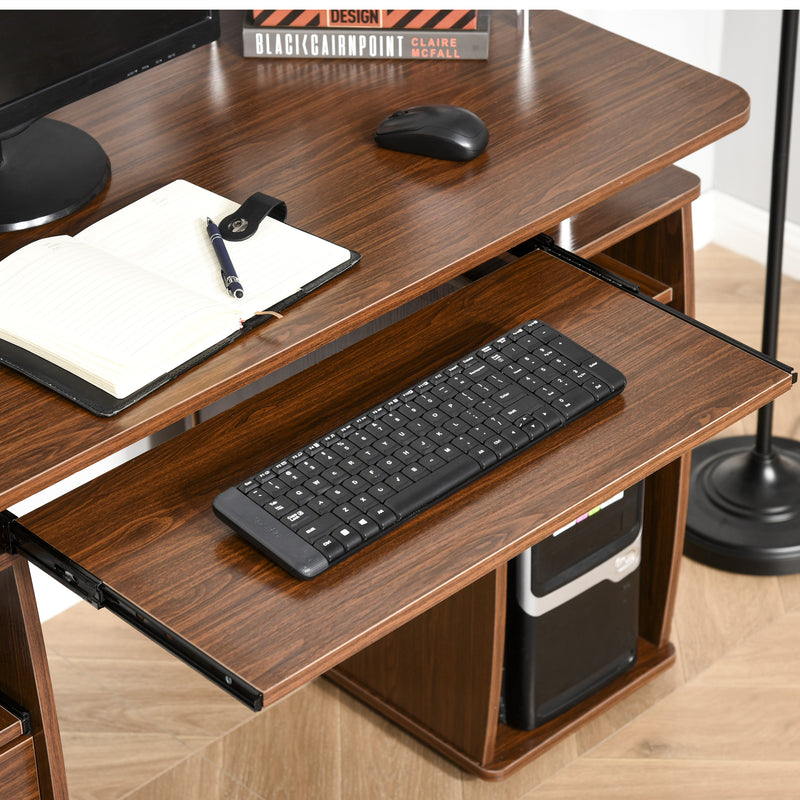 Computer Desk Office PC Table Workstation Gaming Study with Keyboard Tray, CPU Shelf, Drawers, Sliding Scanner Shelf, Brown