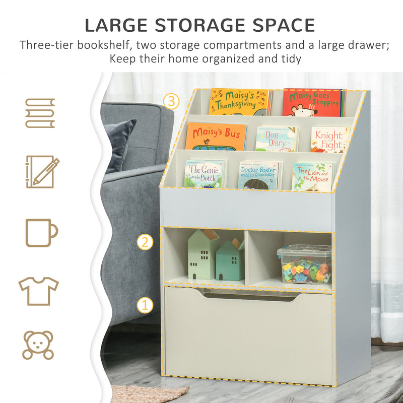 Kids Bookshelf with Storage Drawer, Children's Bookcase with Wheels, Toy Organiser for Bedroom, Playroom, Grey