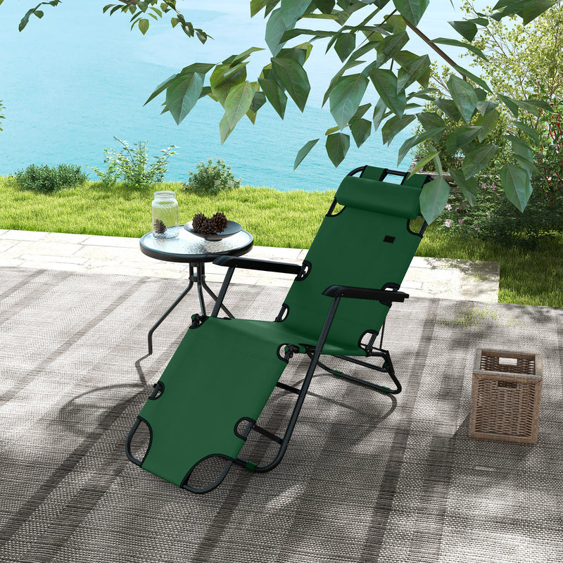 2 in 1 Sun Lounger Folding Reclining Chair Garden Outdoor Camping Adjustable Back with Pillow, Green