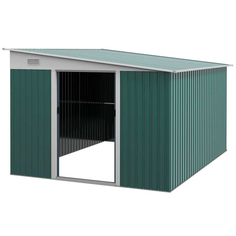Garden Metal Storage Shed Outdoor Metal Tool House with Double Sliding Doors and 2 Air Vents, 11.3x9.2ft, Green