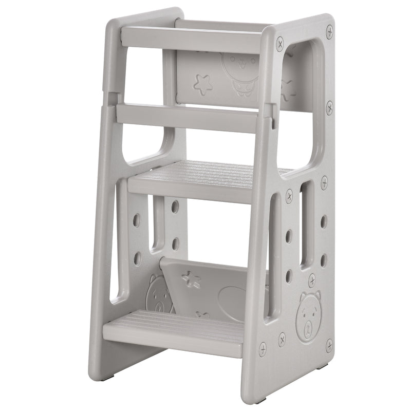 Kids Step Stool Adjustable Standing Platform Toddler Kitchen Stool -Standing Tower for Kitchen Counter Learning Platform w/ Three Heights Grey